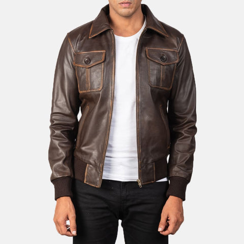 Men Aaron Brown Leather Bomber jacket