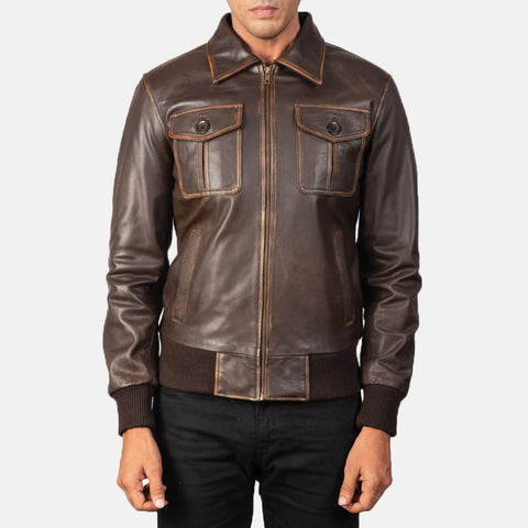 Men Aaron Brown Leather Bomber jacket